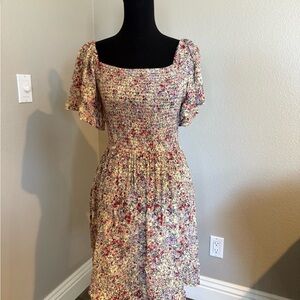 Angie Cream Tan Sundress with Smocked Details and Flutter Sleeves